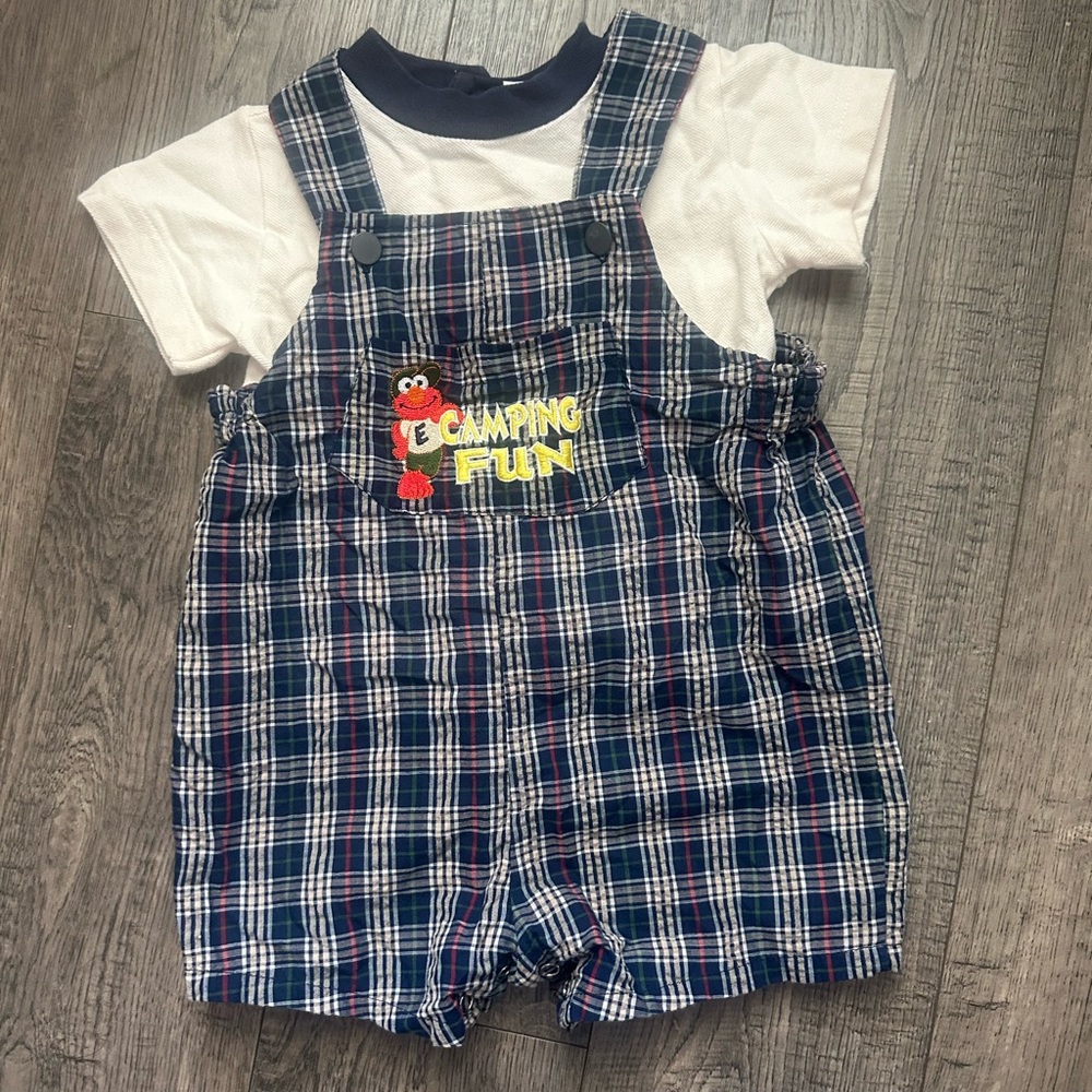 Vintage Sesame Street Plaid Overalls with Elmo Camping Fun Patch